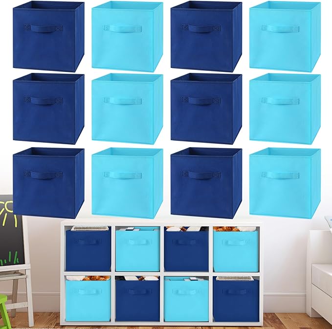 Yinder 12 Pcs Cube Storage Bin Blue 11'' Storage Bins for Playroom Decor Colorful Bins for Kids Foldable Baskets for Nursery Organizer Boxes Fabric Boxes