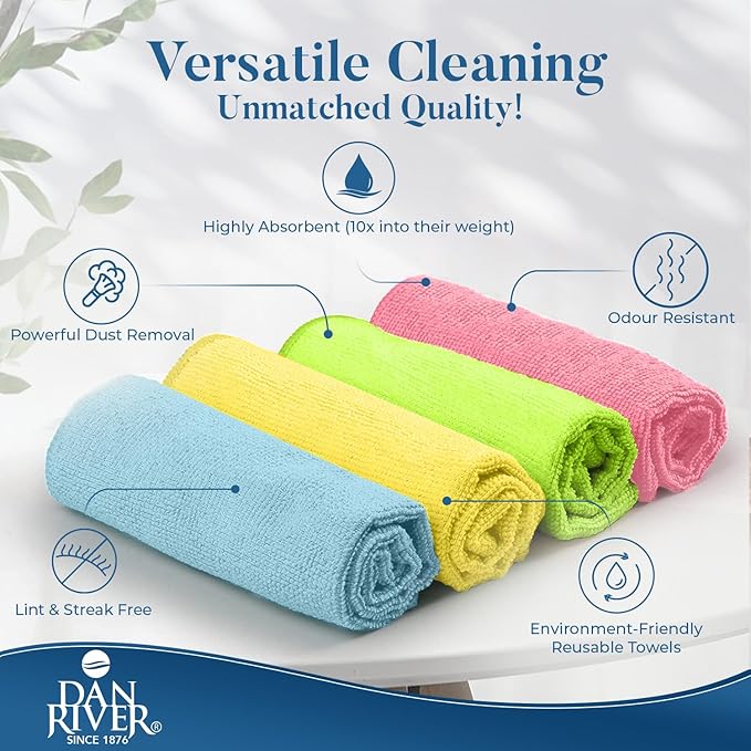 DAN RIVER 12-Pack Microfiber Towels – Ultra Absorbent, Lint-Free & Streak-Free dishwashing Rags for Home, Car & Kitchen - Must-Have Cleaning Essentials - 12" x 12" - Assorted