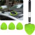 Ziciner Car Windshield Cleaner, Microfiber Auto Cleaning Wiper with Aluminum Extendable Handle and 2 Washable Reusable Cloth Pad Head, Universal Vehicle Interior Exterior Cleaner Kit (Green-Triangle)