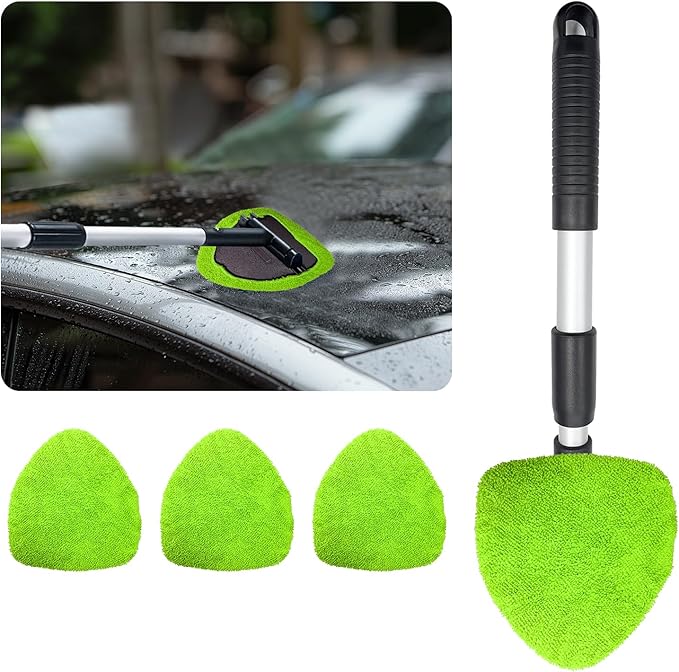 Ziciner Car Windshield Cleaner, Microfiber Auto Cleaning Wiper with Aluminum Extendable Handle and 2 Washable Reusable Cloth Pad Head, Universal Vehicle Interior Exterior Cleaner Kit (Green-Triangle)
