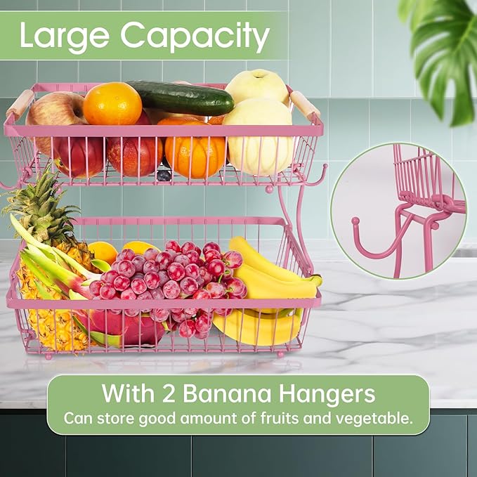 Fruit Basket Bowl 2 Tier Detachable with 2 Banana Hangers, Fruit Stand Holder for Kitchen Countertop, Metal Wire Vegetable Storage Organizer, for Bread Snack Veggies Produce, pink