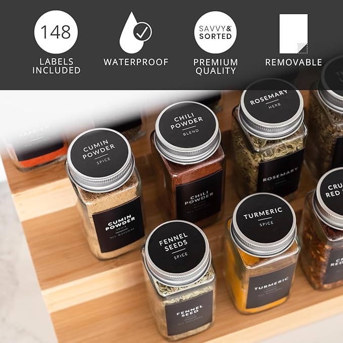 SAVVY & SORTED Spice Labels, 140 Round Waterproof Kitchen Labels for Spice Jars, Spice Organization, Herb Seasoning Pantry Labels, Spice Rack