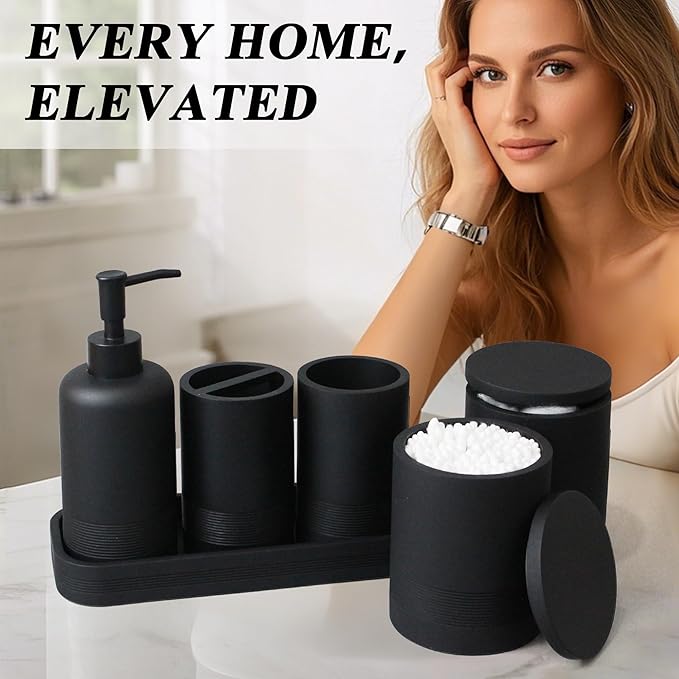 6-Piece Bathroom Accessories Set, Organizer Set with Soap Dispenser, Toothbrush Holder Set, Vanity Tray, Tumbler & 2 Cotton Swab Jars – Modern Stylish Bathroom Storage(Matte Black)