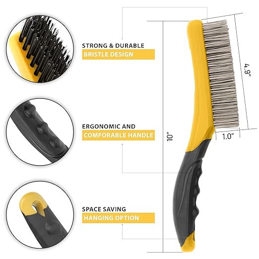 Wire Brush Set-Heavy Duty Stainless & Carbon Steel Bristles with Plastic Handle Grip for Rust, Wielding Slag, Dirt & Paint Scrubbing with Deep Cleaning – 10 Inches (Pack of 2-Yellow)