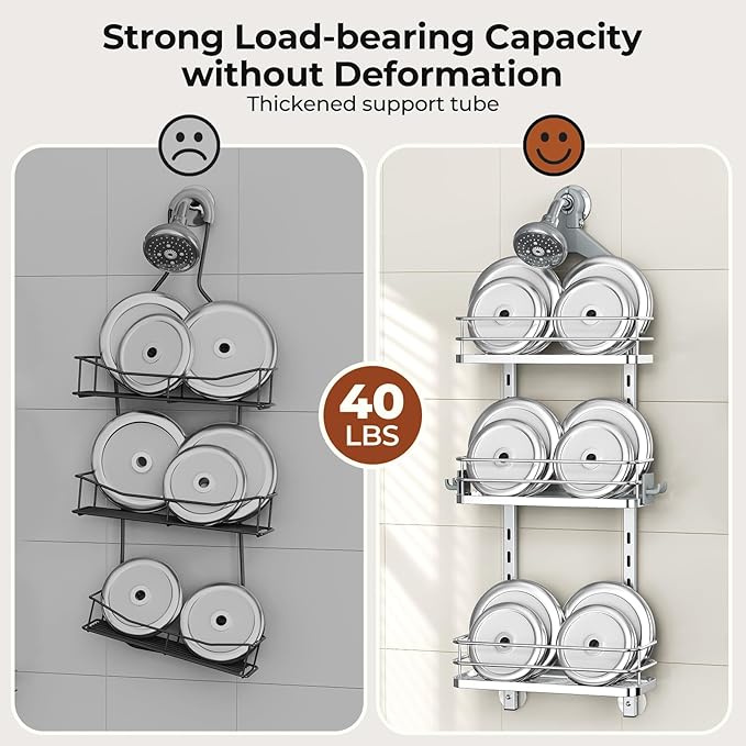 Orimade Aluminum Hanging Shower Caddy Over Head, Adjustable Bathroom Shelf with Hooks, Anti-Slip Rustproof Organizer Storage Rack Basket, Silver, 3 Tier