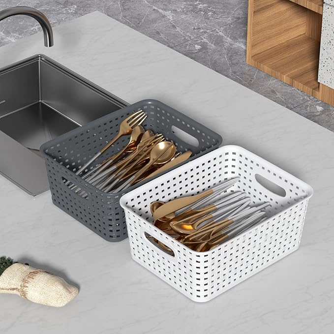 Colour Pantry Organizer Basket, Plastic Woven Storage Baskets, 6 Packs