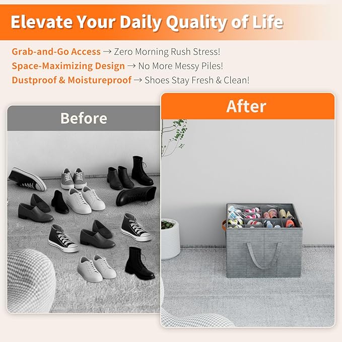 Aokeyee 2 Pack Shoe Organizer for Closet, Foldable Shoe Storage Organizer Box w/Clear Cover and 4 Reinforced Handles, Space Saving Shoes Bin Fits up to 32 Pairs, Grey