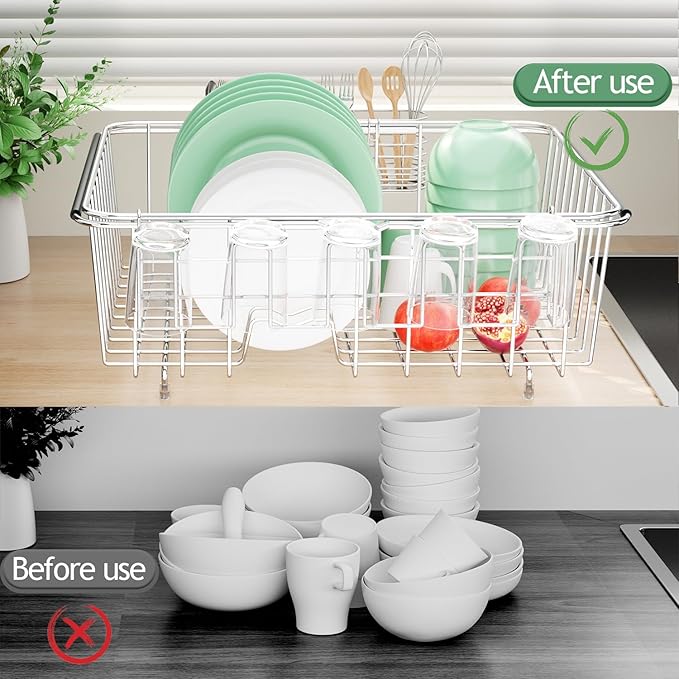 Dish Drying Rack in Sink, Extendable Stainless Steel Dish Drainers for Kitchen Counter, Anti-Rust Dish Dryer Rack with Utensil & Cup Holders, for Inside Sink, Over The Sink