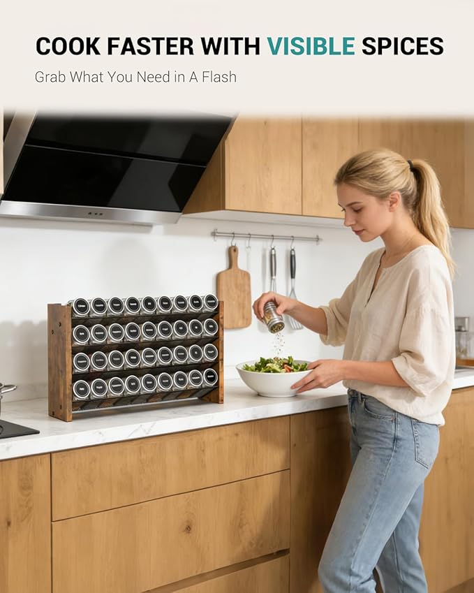 NESAPTO Spice Rack Organizer for Cabinet, Wooden 4 Tier Vertical Seasoning Organizers for Kitchen Pantry, Countertop/Wall Mount, Holds 36 Spice Jars (No Jars Included), 17.2" W × 9.4" H