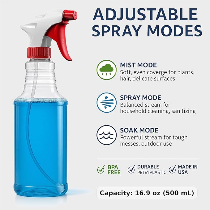 Bar5F Empty Plastic Spray Bottles 16-Ounce BPA-Free Food Grade Crystal Clear Fully Adjustable Sprayer (not for oil), 2-Pack (S-Series)