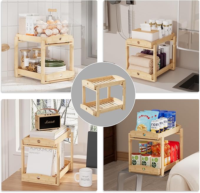2 Pack Under Sink Organizer, Bamboo Wooden 2-Tier Pull-Out Storage with Sliding Drawers for Kitchen and Bathroom Cabinets, Easy Installation (Natural)