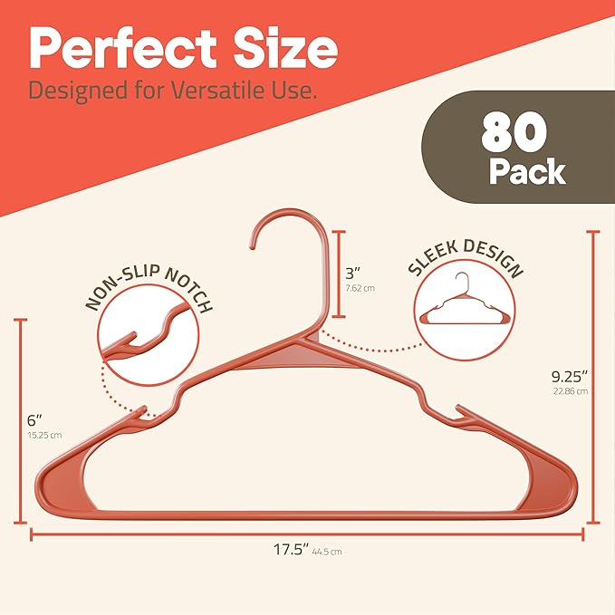 Plastic Clothes Hangers – Heavy Duty Hanger Set, for Organizing Clothes, Dresses, and Coat, Holds Up to 5 lbs, Space-Saving Hangers with Non-Slip Shoulder Grooves, Pack of 80, Brown