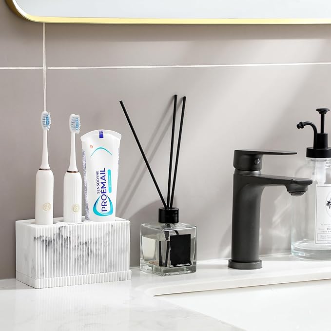 rejomiik Toothbrush Holders for Bathroom Countertop, 3 Slots Electric Tooth Brushing Storage Organizer Stand for Toiletries and Beauty Accessories, Toothpaste, Razor, Marble White