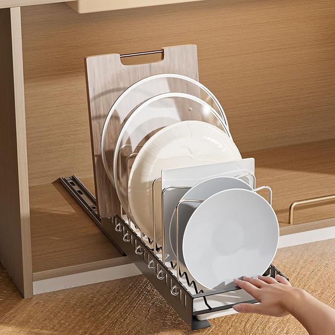 JAQ Pull Out Pots and Pans Organizer Under Cabinet, Slide out Pot Lids Rack Holder with Drain Tray for Plate Cutting Board Baking Sheet inside Cabinets, 10 Adjustable Dividers-Black