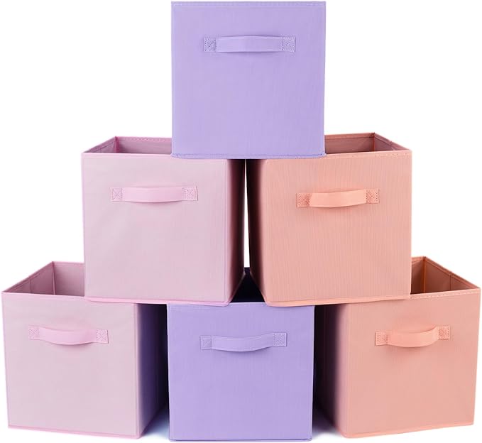 Fabric Storage Bins 6 Pack 13 inch Foldable Storage Cubes with Reinforced Handles Fun Colored Durable Cube Storage Bin for Home, Playroom, Closet Organizers and Storage Purple, Pink, Peach