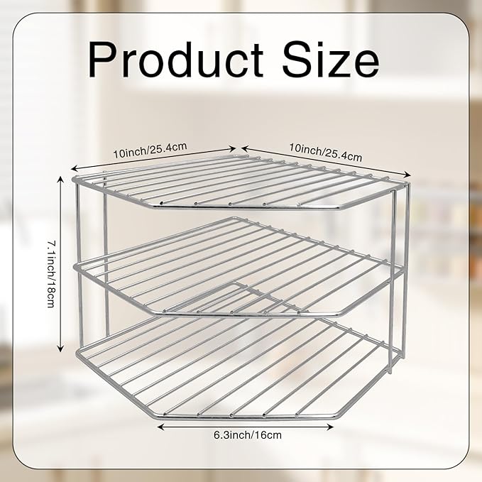 3-Tier Corner Shelf Counter and Cabinet Organizer - Steel Metal Wire - Rust Resistant - Plates, Dishes, Cabinet & Pantry Organizer - Kitchen Organization (10 x 7.5 Inch) (Chrome)