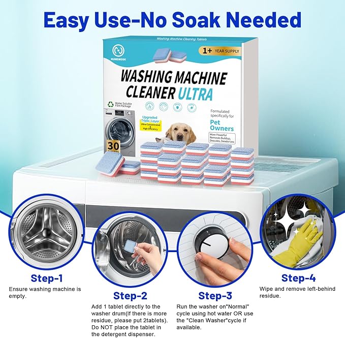 Nunemosk 2-in-1 Pet Hair Removal Kit, Washing Machine Cleaner Tablets & Reusable Pet Hair Removal Glove for Cats and Dogs, Remove Stubborn Pet Hair | Complete Solution for Pet Owners