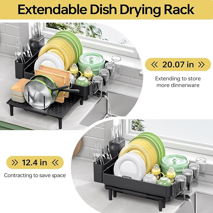 Dish Drying Rack for Kitchen Counter, 304 Stainless Steel Dish Rack, Expandable Dish Drainer, Foldable Dish Strainer with Cutlery Holder, Kitchen Plate Rack (Black, Large Size)