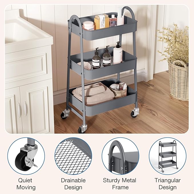 OLIXIS 3 Tier Utility Rolling Cart, Metal Mobile Storage Shelf with Lockable Caster Wheels, Organization for Livingroom, Bathroom & Narrow Places, Gray