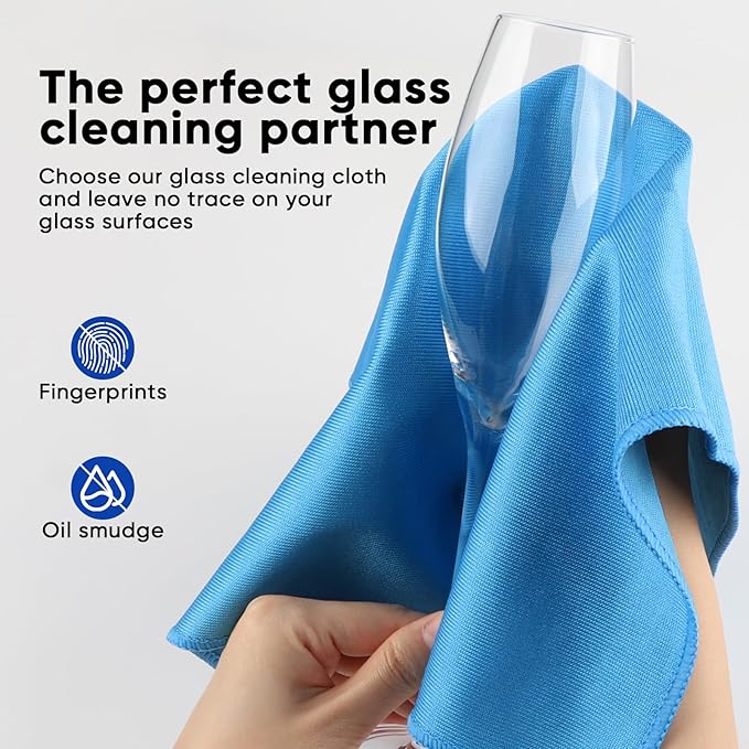 HOMEXCEL Microfiber Glass Cleaning Cloths 6 PK, Lint Free Streak Free, Reusable Microfiber Magic Cleaning Cloth for Cleaning Windows, Glasses, Mirrors, Screens, Stainless Steel, and More, Blue-14”×16”