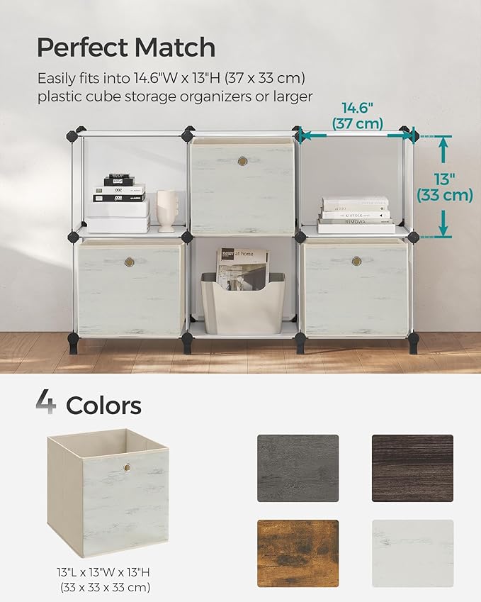 SONGMICS Storage Cubes, Set of 6 Storage Bins with Handles, Foldable Oxford Fabric and Non-Woven Fabric Storage Boxes, 13 x 13 x 13 Inches, Fit Cube Storage Unit, Vintage White URFB133W01