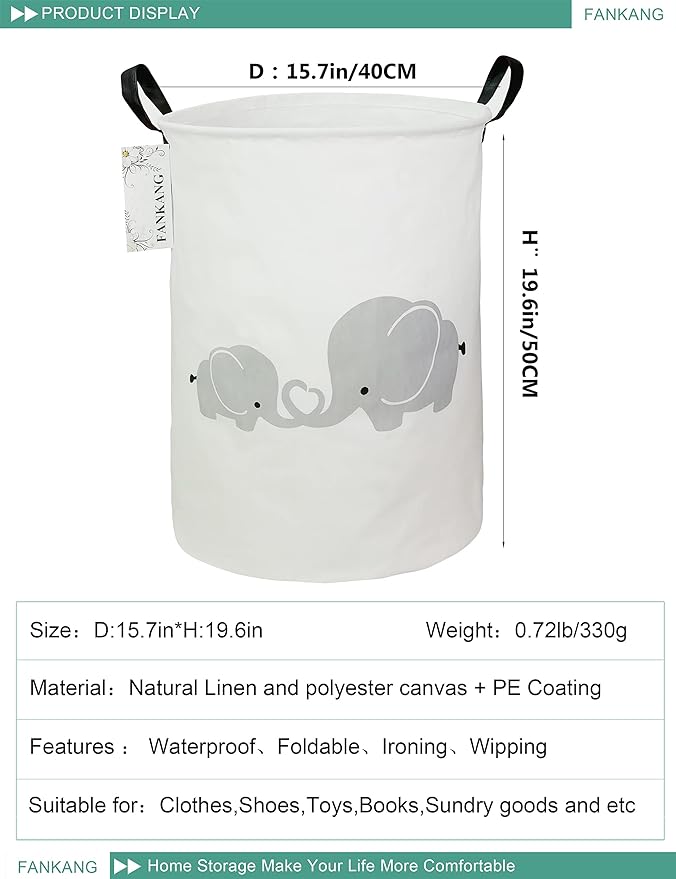 FANKANG Storage Basket, Nursery Hamper Canvas Laundry Basket Foldable with Waterproof PE Coating Large Storage Baskets for Kids Boys and Girls, Office, Bedroom, Clothes,Toys（Love Elephant）