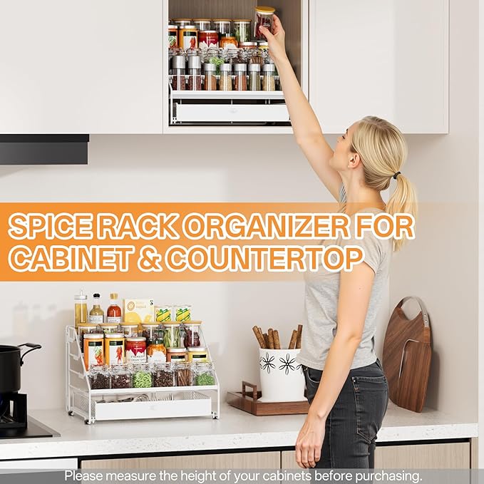 Spice Rack Organizer for Cabinet: 4 Tier Spice Organization with Drawer, Depth Adjustable Metal Shelf for Kitchen Countertop, Cupboard, Pantry, Holds Seasoning and Condiments (White)