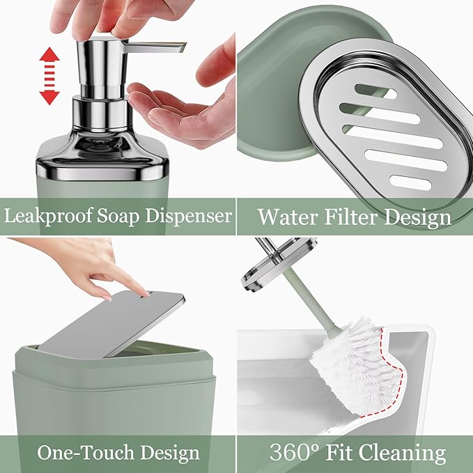 Bathroom Set, Sage Green Bathroom Accessories Set with Press-on Lid Bathroom Trash Can, Soap Dispenser, 10PC Bathroom Accessory Set for Home