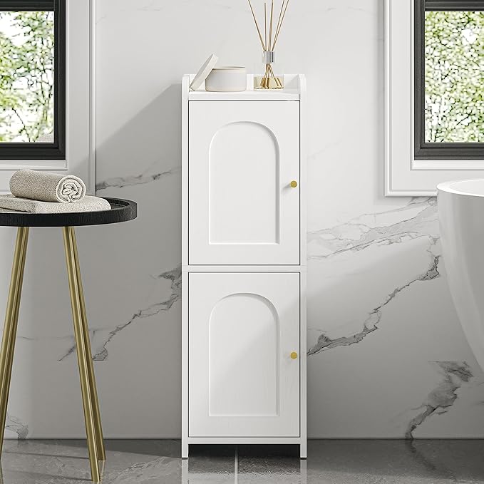 Bathroom Storage Cabinet, Small Corner Floor Cabinet with 2 Doors and Adjustable Shelf, Narrow Toilet Paper Cabinets, Bathroom Organizer for Small Spaces, 7.9" D x 9.8" W x 29.5" H White