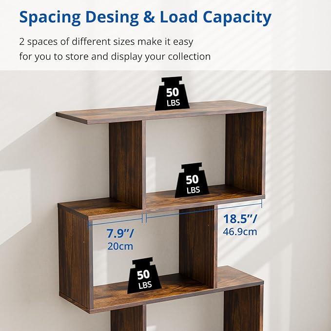 Cozy Castle Set of 2 Geometric Bookcase, S-Shaped Modern Bookshelf, Room Divider Bookshelf, 62" Tall Unique Abstract Bookcase with 5-Tier Display Shelf for Living Room Office, Rustic Brown