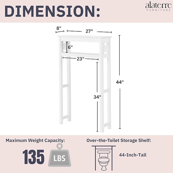 Derby Over-The-Toilet Storage Shelf – 44" Tall Modern Bathroom Space Saver with Open Shelves – Freestanding Organizer Rack for Toiletries & Towels by Alaterre Furniture (White)