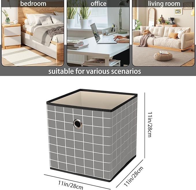 Foldable Storage Cubes Bins,11 Inch Cloth Storage Cube Fabric Storage Box Cubes Organizer Baskets with Dual Handles for Home Organizer Set of 3 (Grey grid)