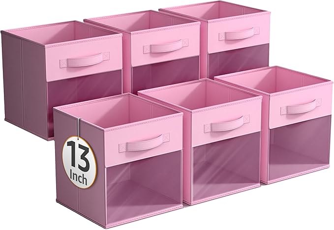 Sorbus 13 Inch Storage Bins with Clear Window - 6 Foldable Baskets for Organizing Clothes, Toys, Books - Sturdy Collapsible Fabric Storage Cubes with Handle - Storage Baskets for Shelves, Closets