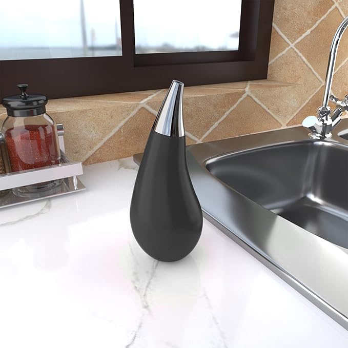 Kitchen Bathroom Counter top Squeezable Soap Dispensers Tear Drop Shape Bottle (Black, ~7oz)