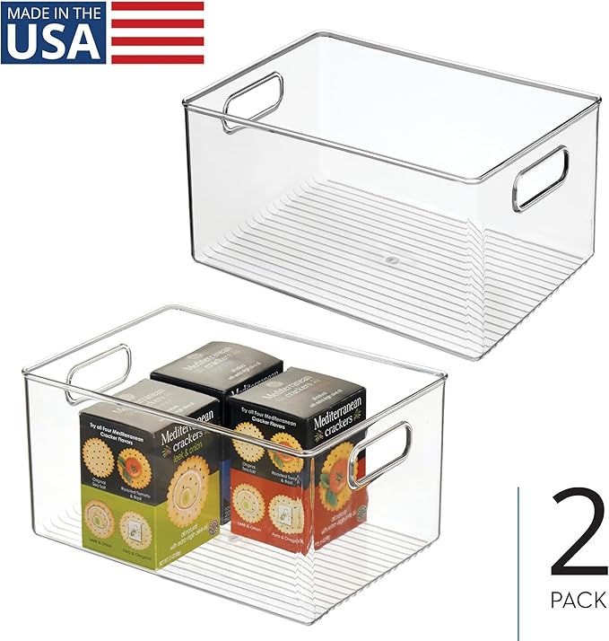 iDesign Pantry Organizer Bins with Handles - Storage Bins for Cabinets or Fridge - Set of 2 - Clear