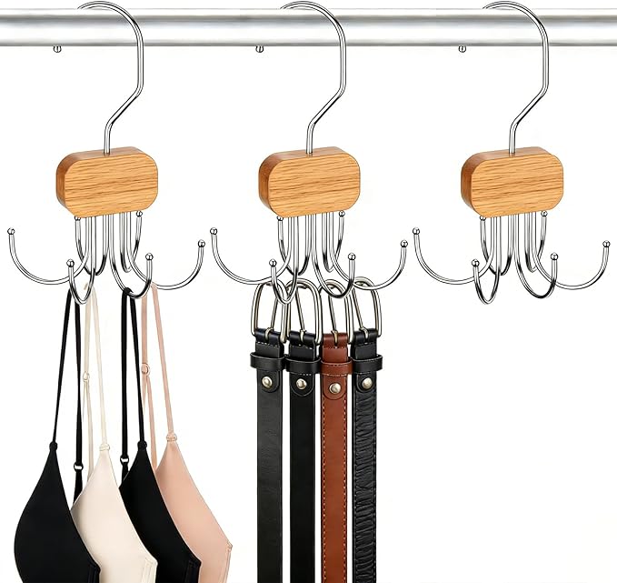 3 Pack Tank Top Hanger, Rotatable Bra Organzier for Closet, Bra Hanger for Closet Organizer, 360° Rotating & Foldable, Metal and Wood, Space-Saving Belt Hangers for Tank Tops, Belt, Tie (Wood)