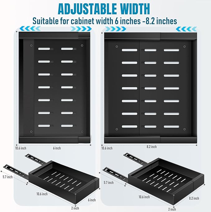 Pull Out Spice Rack Organization for Cabinet, Slide Out Expandable Spice Organizer, Adjustable Spice Cabinet Organizers, Cabinet Size Need: 2.4" Highx10.6" Deepx(6" to 8.2")Wide, Hold 20 Spice Jar