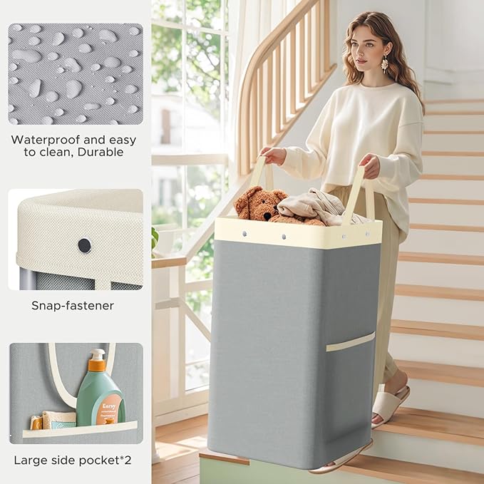 JYPS Laundry Basket With Wheels, 150L Large Rolling Hamper W/Metal Frame & Removable Bag, Waterproof Oxford Fabric, 2 Side Bags, Dirty Clothes Storage Cart For Laundry Room, Dorm, Bedroom, Bathroom