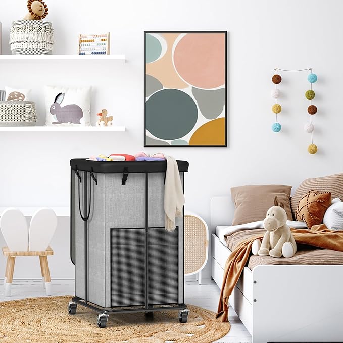 Large Laundry Hampers with Lid, Oxford Fabric Laundry Hampers, Metal Frame and Removable Bag Design with Wheels, Suitable for Bedroom, Bathroom, Dorm Room, Laundry Room (Cationic Gray with Lid)