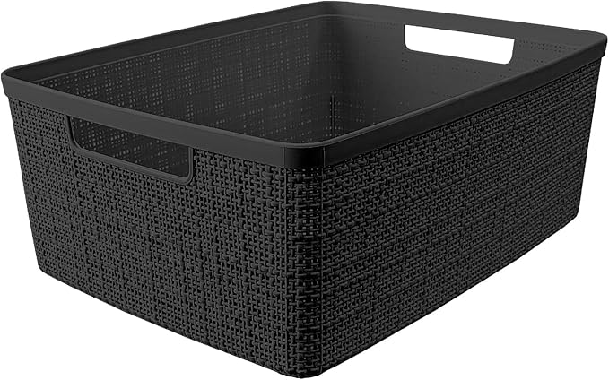 Curver Set of 6 Medium 12L Jute Decorative Plastic Organization and Storage Baskets - Perfect Bins for Home Office, Closet Shelves, Kitchen Pantry and All Bedroom Essentials, Black
