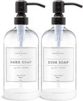 Vine Creations Clear Glass Soap Dispenser, 2 Pack Kitchen Soap Dispenser Set with Stainless Steel Pump, 16 oz Dish Soap and Hand Soap Dispensers for Bathroom with Waterproof Labels