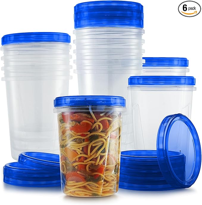 Tafura 6 Pack Leakproof Freezer Containers for Food with Twist Top Lids - 32 Oz BPA Free Reusable Plastic Soup Containers with Screw On Lids - Ideal for Meal Prep, Leftovers & Pantry Organization