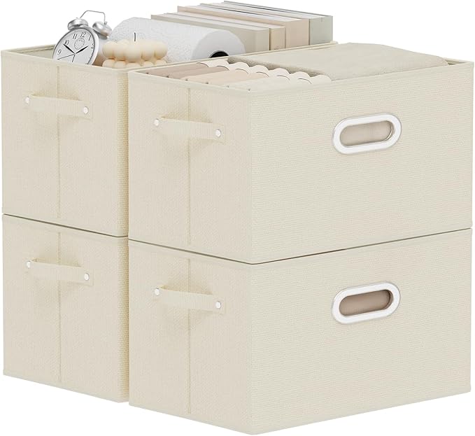 Foldable Cloth Basket with 3 Handles, Decorative Open Storage Boxes, Stackable Cube Organization, Fabric Bins for Shelves, Closet, Living Room, 13x9.1x7.9in, Beige, 4 Pack