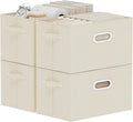 Foldable Cloth Basket with 3 Handles, Decorative Open Storage Boxes, Stackable Cube Organization, Fabric Bins for Shelves, Closet, Living Room, 13x9.1x7.9in, Beige, 4 Pack