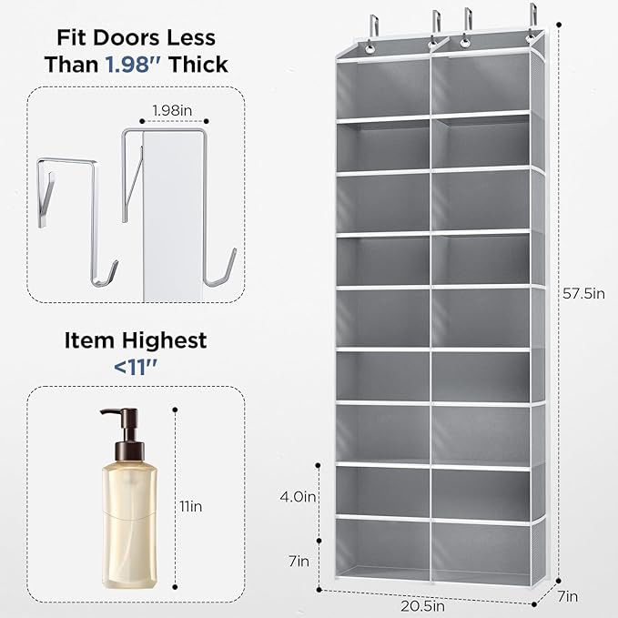 2 Pack 5-Tier Over The Door Organizer with 10 Side Mesh Pockets & Clear Windows, 80 lbs Weight Capacity Hanging Storage for Bathroom, Bedroom, Nursery, Kitchen, Organize Shoes, Diapers(Clear Grey)