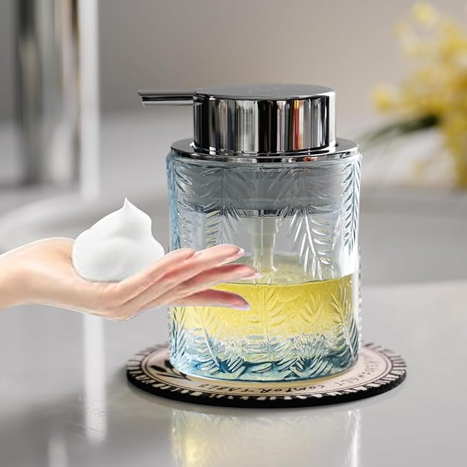 Glass Foam Soap Dispenser for Kitchen & Bathroom - Refillable Liquid Soap Dispenser with Large Silver Pump (Leaf Pattern-Blue)
