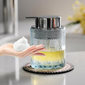 Glass Foam Soap Dispenser for Kitchen & Bathroom - Refillable Liquid Soap Dispenser with Large Silver Pump (Leaf Pattern-Blue)