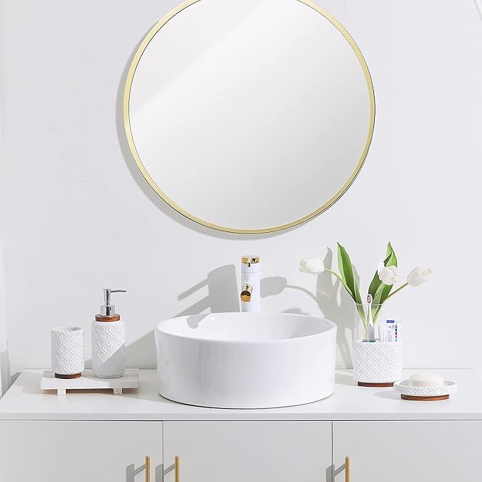 Bathroom Accessories Set 4 Pcs Toothbrush Holder Soap Dispenser Ceramic and Wood Bathroom Decor Set Contain Toothbrush Cup Soap Dish Tumbler White