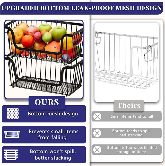 5 Pack Enhanced Leak-Proof Bottom Stackable Wire Baskets, Pantry Organizers and Storage, pantry storage，Shelf Baskets, Fruit Basket, Potato and Onion Storage Bins，(Black)