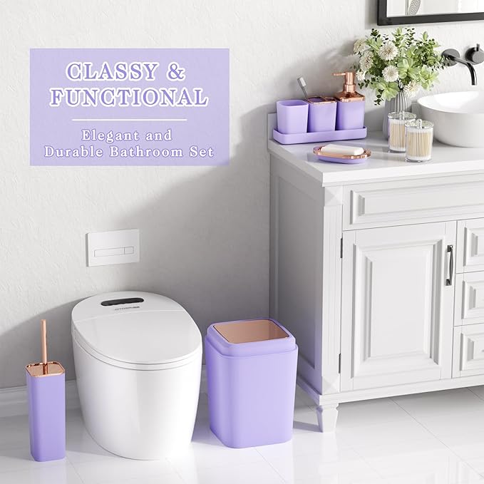 9-Piece Bathroom Accessories Set, Purple Bathroom Accessories Sets Complete with Trash Can,Tray,Soap Dispenser,Toothbrush Holder,Toothbrush Cup,Soap Dish,Toilet Brush and Q-tip Holders